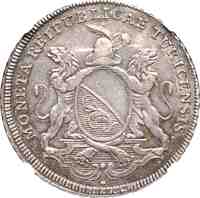 obverse of 1 Thaler (1780) coin with KM# 170 from Swiss cantons. Inscription: MONETA REIPUBLICAE TURICENSIS