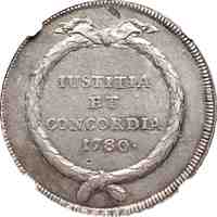 reverse of 1 Thaler (1780) coin with KM# 170 from Swiss cantons. Inscription: IUSTITIA ET CONCORDIA 1780·