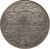 reverse of 1 Thaler (1695) coin with KM# 112 from Swiss cantons. Inscription: IUSTITIA ET CONCORDIA 1695