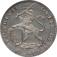 obverse of 1 Thaler (1680) coin with KM# 113 from Swiss cantons. Inscription: MONETA REIPVBLICAE TICVRINAE