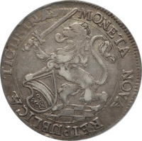 obverse of 1 Thaler (1661 - 1665) coin with KM# 89.1 from Swiss cantons. Inscription: MONETA NOVA REIPUBLICÆ TIGURINÆ