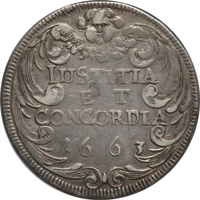 reverse of 1 Thaler (1661 - 1665) coin with KM# 89.1 from Swiss cantons. Inscription: IUSTITIA ET CONCORDIA 1663