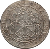 obverse of 1 Thaler (1647) coin with KM# 71 from Swiss cantons. Inscription: MONETA NOVA REIPVBLICÆ TIGVRINÆ