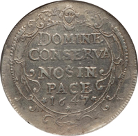 reverse of 1 Thaler (1647) coin with KM# 71 from Swiss cantons. Inscription: DOMINE CONSERVA NOS IN PACE 1647