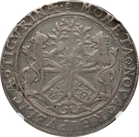 obverse of 1 Thaler (1649) coin with KM# 72 from Swiss cantons. Inscription: MONETA NOVA REIPVBLICÆ TIGVRINÆ