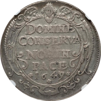 reverse of 1 Thaler (1649) coin with KM# 72 from Swiss cantons. Inscription: DOMINE CONSERVA NOS IN PACE 1649