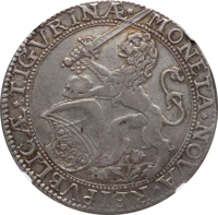 obverse of 1 Thaler (1651 - 1652) coin with KM# 75 from Swiss cantons. Inscription: MONETA * NOVA * REIPVBLICÆ * TIGVRINÆ *