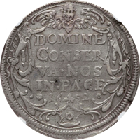 reverse of 1 Thaler (1651 - 1652) coin with KM# 75 from Swiss cantons. Inscription: DOMINE CONSER VA · NOS IN · PACE 1652