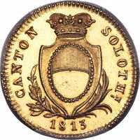 obverse of 16 Franken (1813) coin with KM# 75 from Swiss cantons. Inscription: CANTON SOLOTH.N 1813