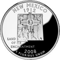 reverse of 1/4 Dollar - New Mexico - Washington Quarter; Silver Proof (2008) coin with KM# 422a from United States. Inscription: NEW MEXICO 1912 LAND OF ENCHANTMENT 2008 E PLURIBUS UNUM