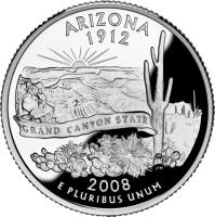 reverse of 1/4 Dollar - Arizona - Washington Quarter; Silver Proof (2008) coin with KM# 423a from United States. Inscription: ARIZONA 1912 GRAND CANYON STATE JFM 2008 E PLURIBUS UNUM