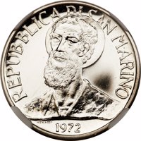 obverse of 5 Lira (1972) coin from San Marino. Inscription: REPUBBLICA DI SAN MARINO MONASSI 1972