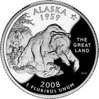 reverse of 1/4 Dollar - Alaska - Washington Quarter; Silver Proof (2008) coin with KM# 424a from United States.