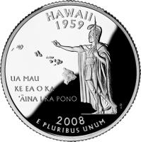 reverse of 1/4 Dollar - Hawaii - Washington Quarter; Silver Proof (2008) coin with KM# 425a from United States.