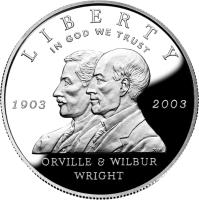 obverse of 1 Dollar - First Flight Centennial (2003) coin with KM# 349 from United States. Inscription: LIBERTY IN GOD WE TRUST 1903 2003 TJF ORVILLE & WILBUR WRIGHT