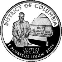 reverse of 1/4 Dollar - District of Columbia - Washington Quarter; Silver Proof (2009) coin with KM# 445a from United States. Inscription: DISTRICT OF COLUMBIA DUKE ELLINGTON JUSTICE FOR ALL