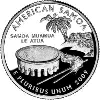 reverse of 1/4 Dollar - American Samoa - Washington Quarter; Silver Proof (2009) coin with KM# 448a from United States. Inscription: AMERICAN SAMOA SAMOA MUAMUA LE ATUA E PLURIBUS UNUM