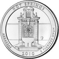 reverse of 1/4 Dollar - Hot Springs, Arkansas - Washington Quarter; Silver Proof (2010) coin with KM# 469a from United States. Inscription: HOT SPRINGS ARKANSAS E PLURIBUS UNUM