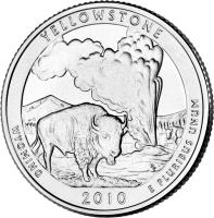 reverse of 1/4 Dollar - Yellowstone, Wyoming - Washington Quarter; Silver Proof (2010) coin with KM# 470a from United States. Inscription: YELLOWSTONE WYOMING E PLURIBUS UNUM