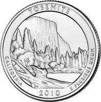 reverse of 1/4 Dollar - Yosemite, California - Washington Quarter; Silver Proof (2010) coin with KM# 471a from United States. Inscription: YOSEMITE CALIFORNIA E PLURIBUS UNUM