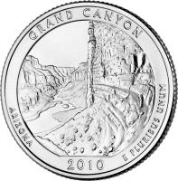 reverse of 1/4 Dollar - Grand Canyon, Arizona - Washington Quarter; Silver Proof (2010) coin with KM# 472a from United States. Inscription: GRAND CANYON ARIZONA E PLURIBUS UNUM