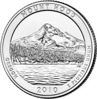 reverse of 1/4 Dollar - Mount Hood, Oregon - Washington Quarter; Silver Proof (2010) coin with KM# 473a from United States. Inscription: MOUNT HOOD OREGON E PLURIBUS UNUM