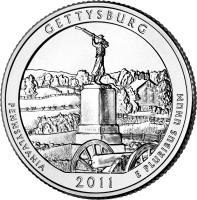 reverse of 1/4 Dollar - Gettysburg National Military Park, Pennsylvania - Washington Quarter; Silver Proof (2011) coin with KM# 494a from United States. Inscription: GETTYSBURG PENNSYLVANIA E PLURIBUS UNUM