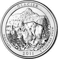 reverse of 1/4 Dollar - Glacier National Park, Montana - Washington Quarter; Silver Proof (2011) coin with KM# 495a from United States. Inscription: GLACIER MONTANA E PLURIBUS UNUM