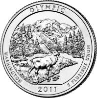 reverse of 1/4 Dollar - Olympic National Park - Washington Quarter; Silver Proof (2011) coin with KM# 496a from United States. Inscription: OLYMPIC WASHINGTON E PLURIBUS UNUM