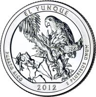 reverse of 1/4 Dollar - El Yunque National Forest, Puerto Rico - Washington Quarter; Silver Proof (2012) coin with KM# 519a from United States. Inscription: EL YUNQUE PUERTO RICO E PLURIBUS UNUM