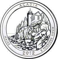 reverse of 1/4 Dollar - Acadia National Park, Maine - Washington Quarter; Silver Proof (2012) coin with KM# 521a from United States. Inscription: ACADIA MAINE E PLURIBUS UNUM