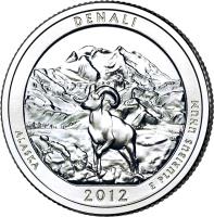 reverse of 1/4 Dollar - Denali National Park and Preserve, Alaska - Washington Quarter; Silver Proof (2012) coin with KM# 523a from United States. Inscription: DENALI ALASKA E PLURIBUS UNUM