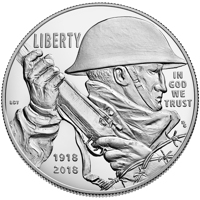 obverse of 1 Dollar - World War I Centennial (2018) coin from United States. Inscription: LIBERTY 1918 2018 IN GOD WE TRUST