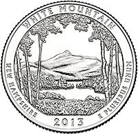 reverse of 1/4 Dollar - White Mountain National Forest, New Hampshire - Washington Quarter; Silver Proof (2013) coin with KM# 542a from United States.