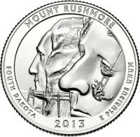 reverse of 1/4 Dollar - Mount Rushmore - Washington Quarter; Silver Proof (2013) coin with KM# 546a from United States.