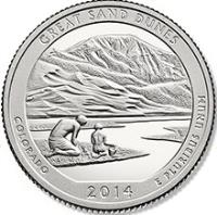 reverse of 1/4 Dollar - Great Sand Dunes, Colorado - Washington Quarter; Silver Proof (2014) coin with KM# 569a from United States. Inscription: GREAT SAND DUNES, COLORADO, 2014 E PLURIBUS UNUM