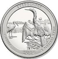 reverse of 1/4 Dollar - Everglades National Park, Florida - Washington Quarter; Silver Proof (2014) coin with KM# 570a from United States. Inscription: EVERGLADES, FLORIDA, 2014 E PLURIBUS UNUM