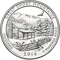 reverse of 1/4 Dollar - Great Smoky Mountains National Park, Tennessee - Washington Quarter; Silver Proof (2014) coin with KM# 566a from United States. Inscription: GREAT SMOKY MOUNTAINS, TENNESSEE, 2014 E PLURIBUS UNUM