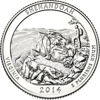 reverse of 1/4 Dollar - Shenandoah National Park, Virginia - Washington Quarter (2014) coin with KM# 567 from United States. Inscription: SHENANDOAH, VIRGINIA, 2014 E PLURIBUS UNUM