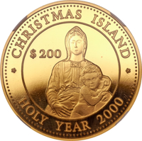 reverse of 200 Dollars - Christmas Island Holy Year 2000 (2000) coin with KM# A35 from Kiribati. Inscription: CHRISTMAS ISLAND $ 200 HOLEY YEAR 2000