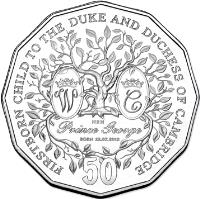 reverse of 50 Cents - Elizabeth II - Firstborn Baby of the Duke and Duchess of Cambridge - 4'th Portrait (2013) coin with KM# 1926 from Australia. Inscription: FIRST BORN CHILD TO THE DUKE AND DUCHESS OF CAMBRIDGE W. C HRH PRINCE GEORGE BORN 22.07.2013 50