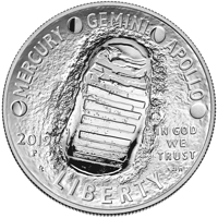 obverse of 1 Dollar - Apollo 11 50th Anniversary (2019) coin from United States. Inscription: MERCURY GEMINI APOLLO 2019 P IN GOD WE TRUST LIBERTY