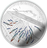 reverse of 10 Euro - Smelt Fishing by Attracting. (2019) coin from Lithuania. Inscription: STINTŲ ŽVEJYBA VILIOJANT LMK