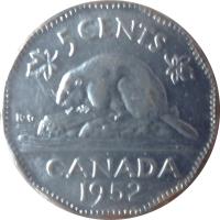 reverse of 5 Cents - George VI (1951 - 1952) coin with KM# 42a from Canada. Inscription: 5 CENTS CANADA 1951 K · G