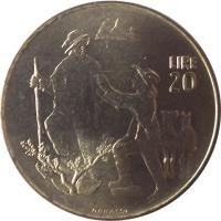 reverse of 20 Lire (1972) coin with KM# 18 from San Marino. Inscription: LIRE 20