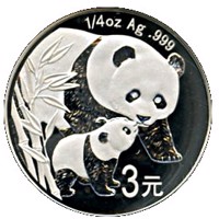 reverse of 3 Yuan - 25th Anniversary of Panda Coinage - 2004 design, proof finish (2007) coin with KM# 1782 from China.