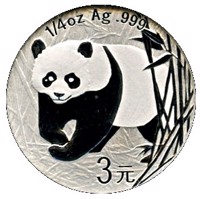 reverse of 3 Yuan - 25th Anniversary of Panda Coinage - 2001-2002 design, proof finish (2007) coin with KM# 1778 from China.