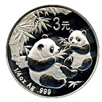 reverse of 3 Yuan - 25th Anniversary of Panda Coinage - 2006 design, proof finish (2007) coin with KM# 1786 from China.