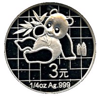 reverse of 3 Yuan - 25th Anniversary of Panda Coinage - 1989 design, proof finish (2007) coin with KM# 1754 from China.