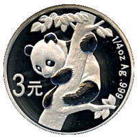 reverse of 3 Yuan - 25th Anniversary of Panda Coinage - 1996 design, proof finish (2007) coin with KM# 1768 from China.